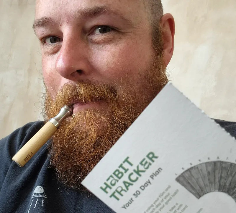 Man with a beard holding a book titled 'Habit Tracker' against a neutral background
