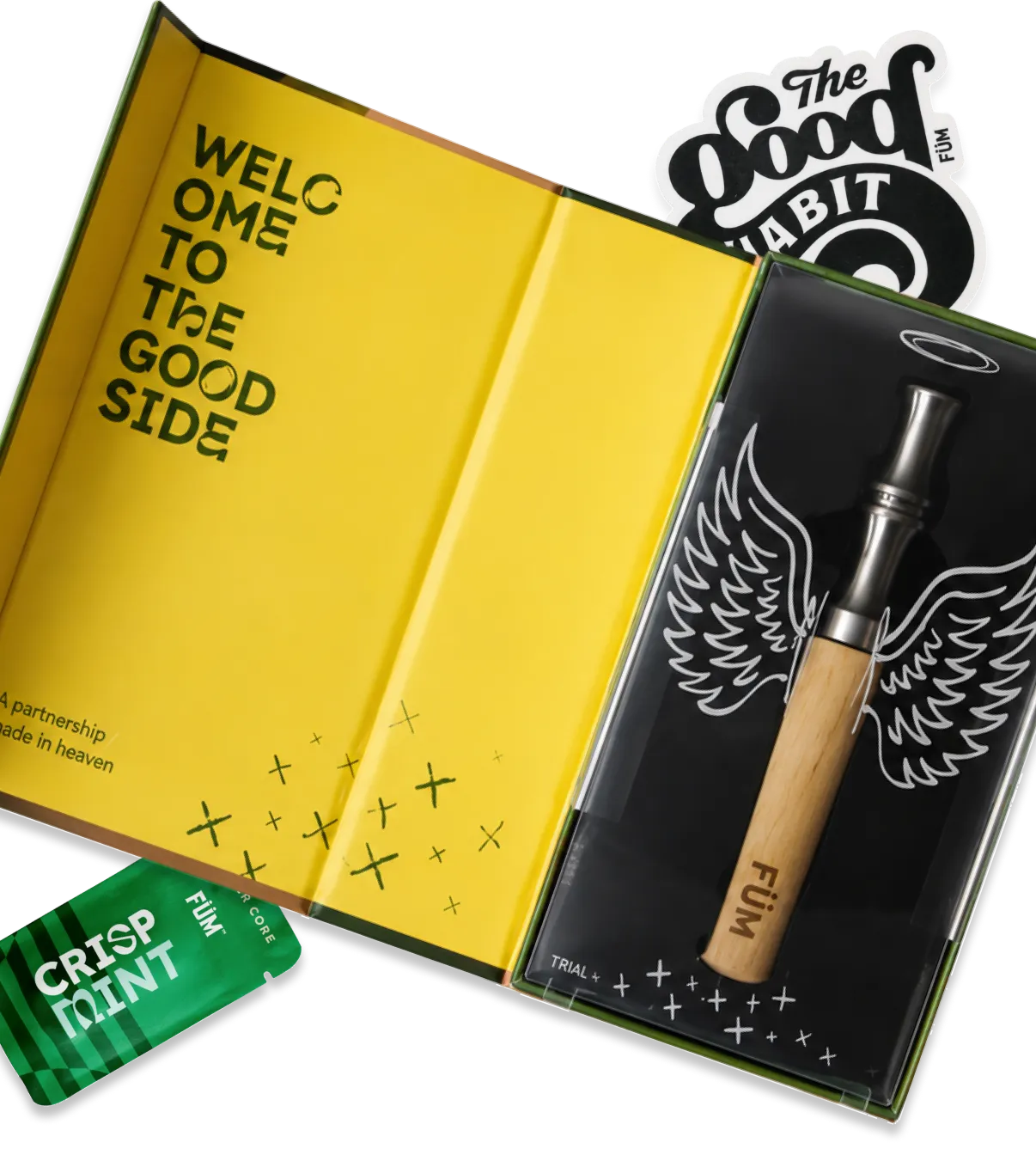 Vape device in packaging with 'The Good Habit' branding and promotional text.